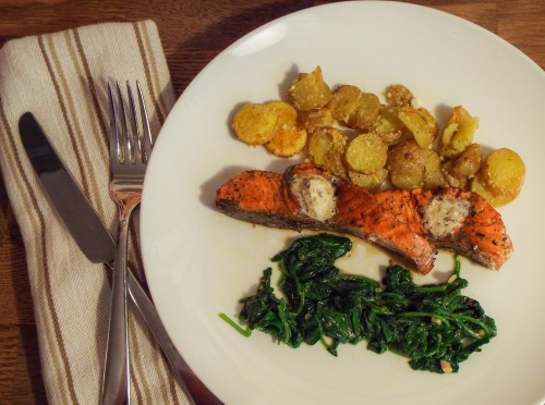 Balsamic Salmon with Parmesan Potatoes and Sauteed Spinach